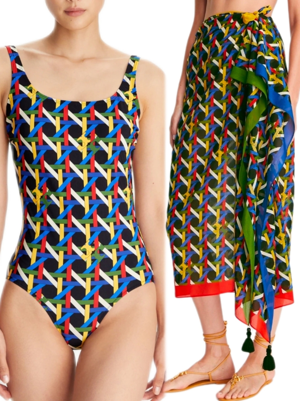 Tory Burch Bundle Multicolor Geometric One-Piece Swimsuit with Sarong